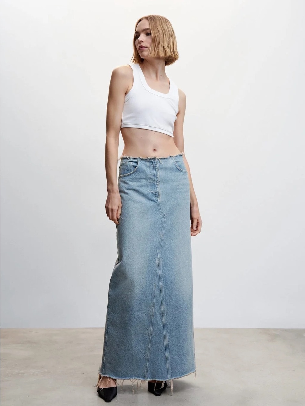 Mango Light Blue Denim Maxi Skirt with Frayed Hem
